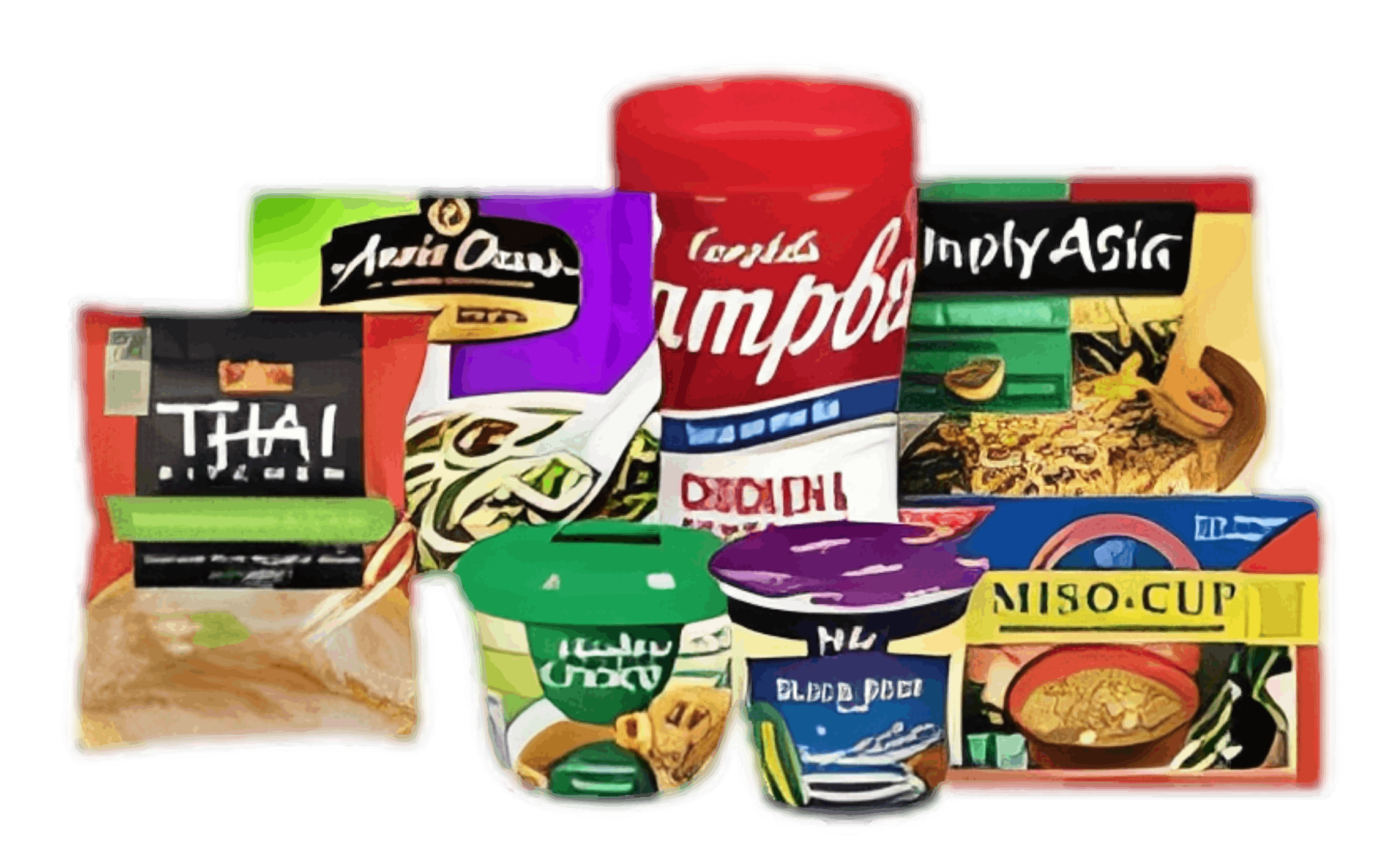 Assorted instant noodle and soup packages.