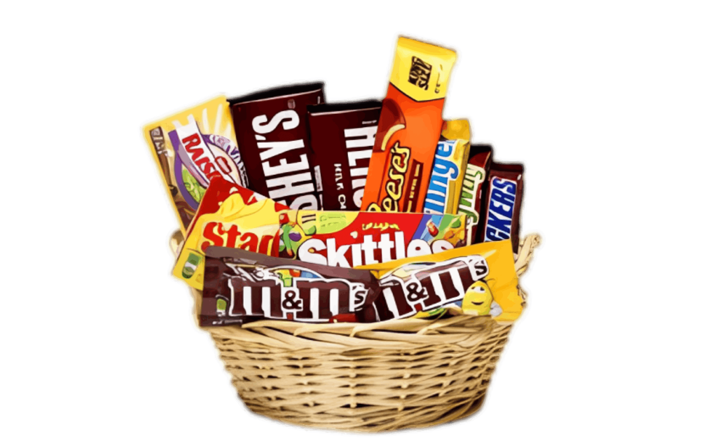 Basket of assorted candy bars and chocolates.