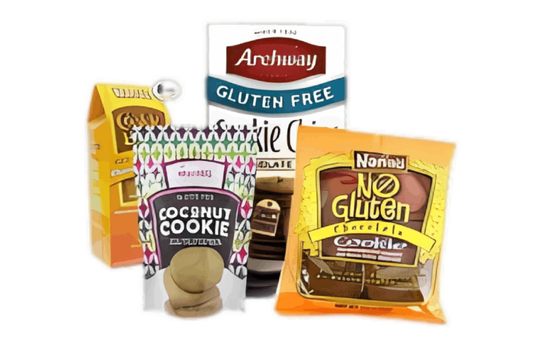 Gluten-free cookie packages on black background.