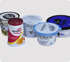 Assorted yogurt containers on display.
