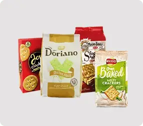 Assorted cracker packages on a light background.