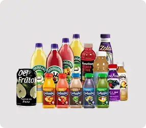 Assorted beverage bottles and cans on display.